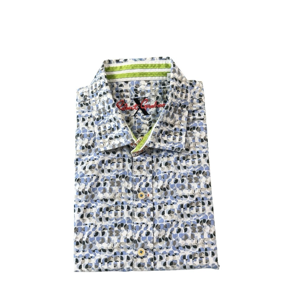 Robert Graham White Blue Gray Geometric S/S Cotton Mens Button Front Size XL